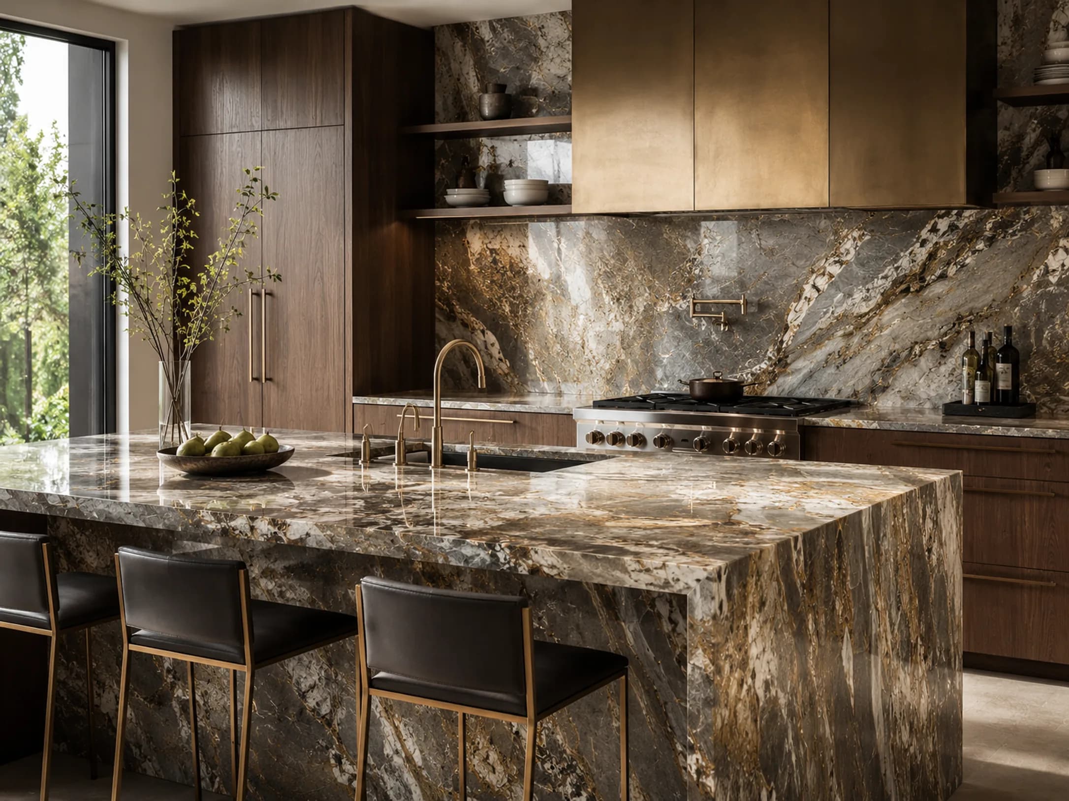 Warm quartzite kitchen with dark wood cabinetry and brass hardware