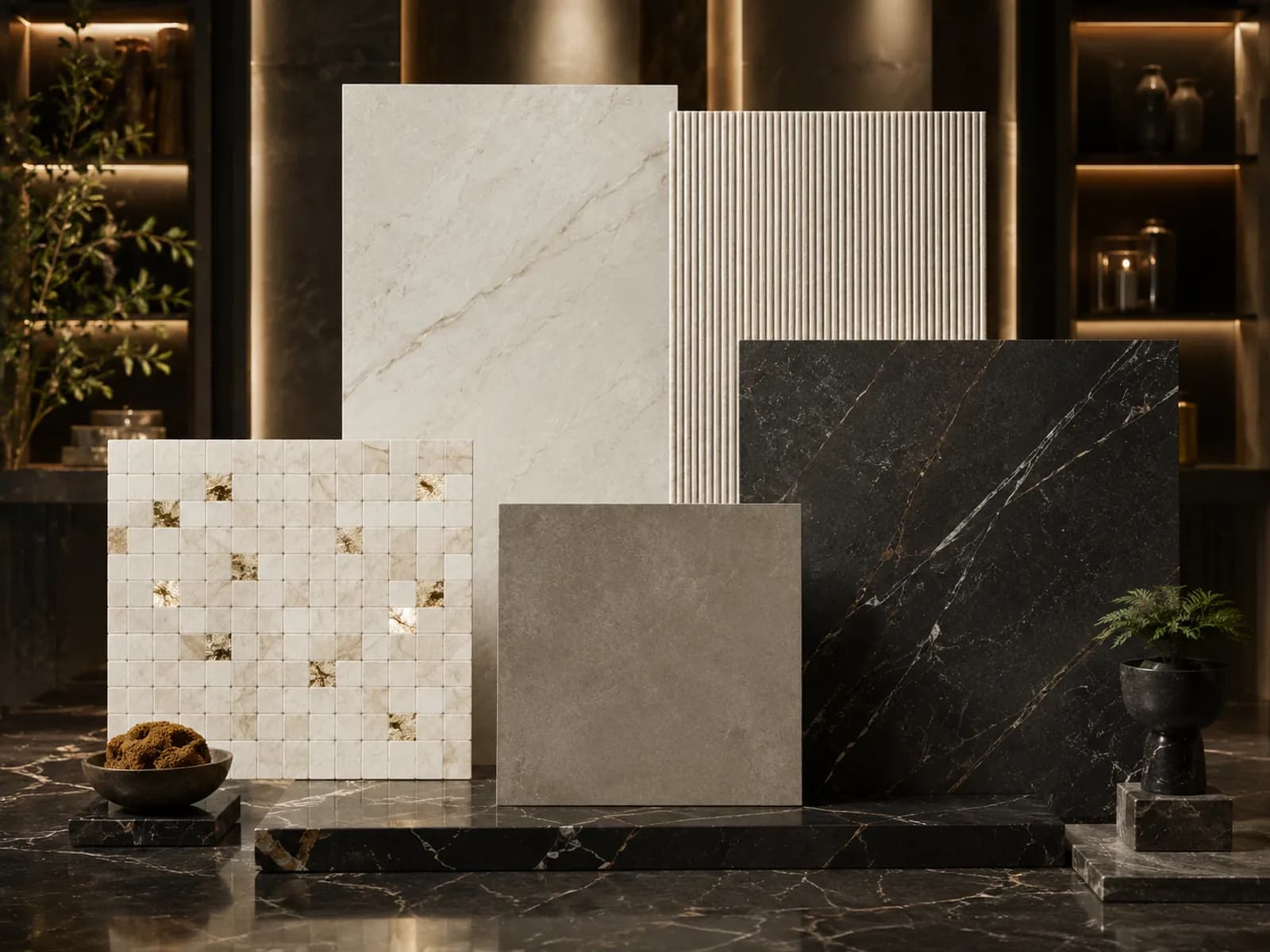 Curated showroom selection of marble, tile and mosaic material samples