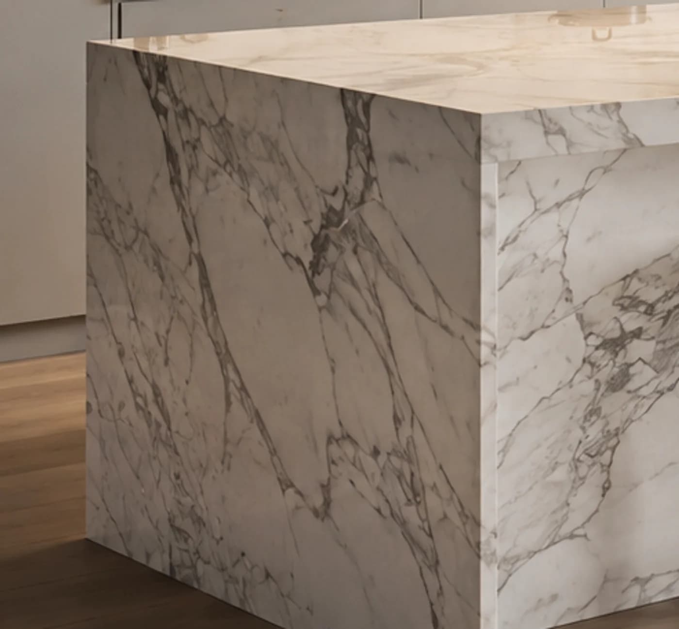 Close detail of a mitered marble waterfall-edge corner
